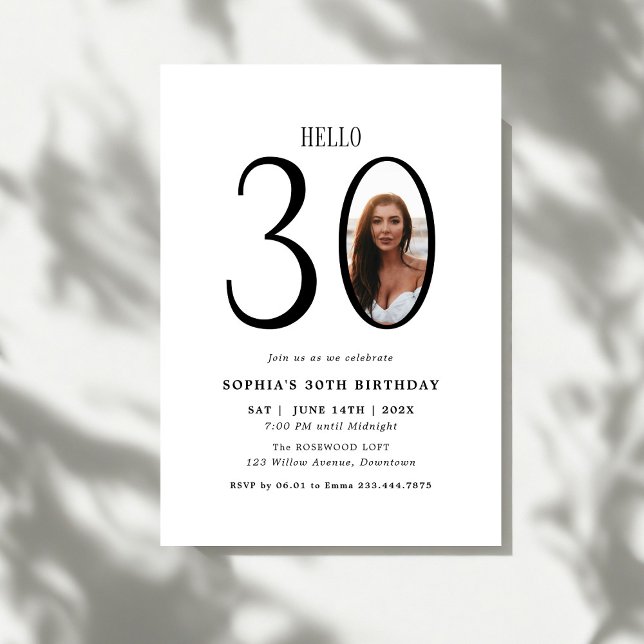 Hello Thirty Black and White Photo 30th Birthday Invitation (Creator Uploaded)