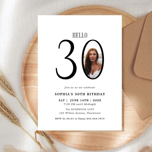 Hello Thirty Black and White Photo 30th Birthday Invitation (Creator Uploaded)