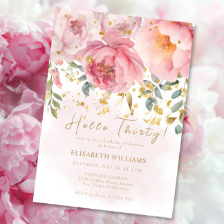 Hello Thirty Blush Pink Floral 30th Birthday Party Invitation