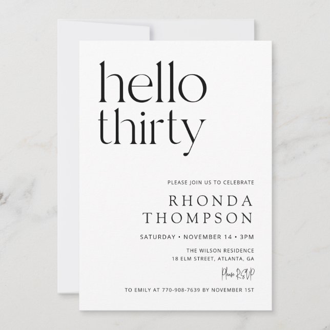 Hello Thirty Classic Simple 30th Birthday Invitation (Front)