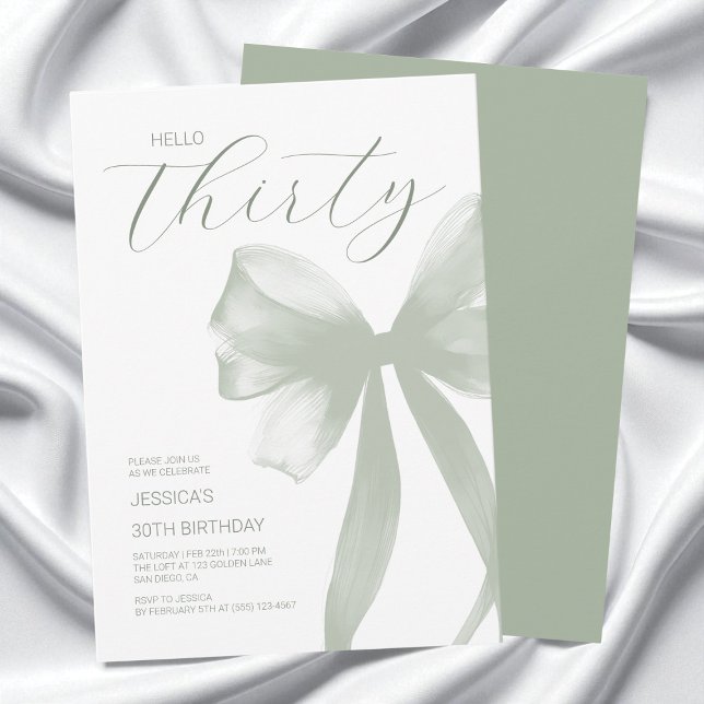 Hello Thirty Elegant Green Bow 30th Birthday Party Invitation (Hello Thirty Elegant Green Bow 30th Birthday Invitation)