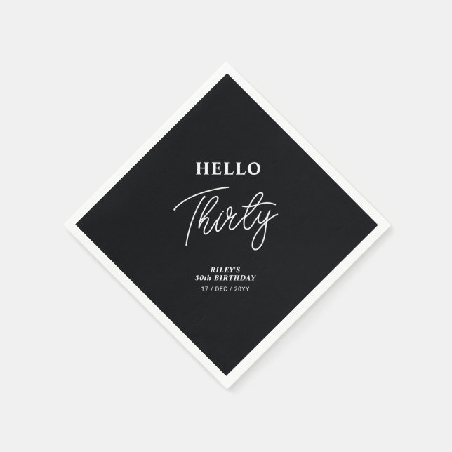 Hello Thirty | Modern Black 30th Birthday Party Napkin (Corner)