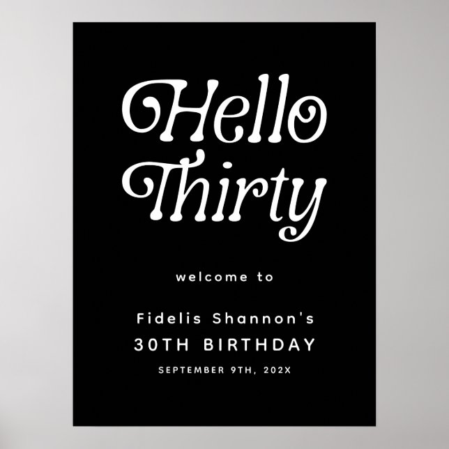 Hello Thirty Retro 30th Birthday Welcome Sign (Front)