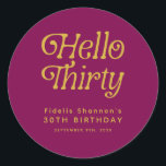 Hello Thirty Retro wine red & gold 30th Birthday Classic Round Sticker<br><div class="desc">Add a stylish finishing touch to your milestone celebration with this Hello Thirty Retro 30th Birthday Classic Round Sticker, featuring bold retro typography in a rich wine red and gold design. Perfect for sealing envelopes, decorating favour bags, or adding flair to party décor, these customisable stickers can be personalised with...</div>