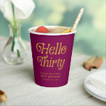 Hello Thirty Retro Wine red & gold 30th Birthday Paper Cups<br><div class="desc">Raise a toast in style with these Hello Thirty Retro 30th Birthday Paper Cups, designed in a bold wine red with elegant gold accents for a modern-retro look. Perfect for milestone celebrations, these durable and disposable cups add a touch of sophistication to your party while keeping cleanup easy. Personalise them...</div>