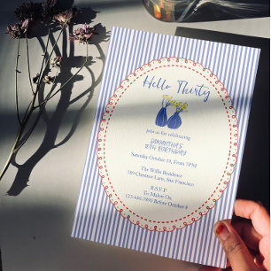 Hello Thirty Vintage Floral Stripes 30th Birthday Invitation