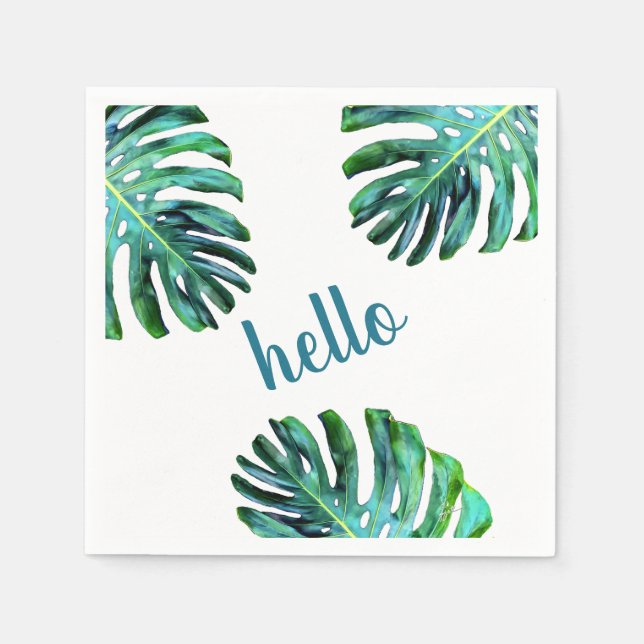 Hello Tropical Leaf Greenery Trendy Typography Napkin (Front)