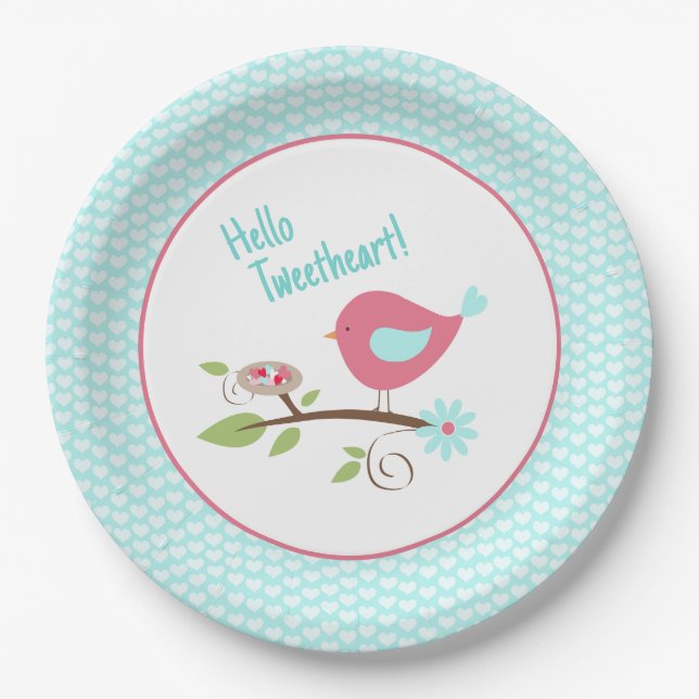 Hello Tweetheart Cute Bird Valentine's Day Paper Plate (Front)