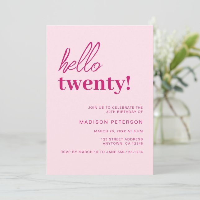 Hello Twenty Modern Blush Pink Birthday Party Invitation (Standing Front)