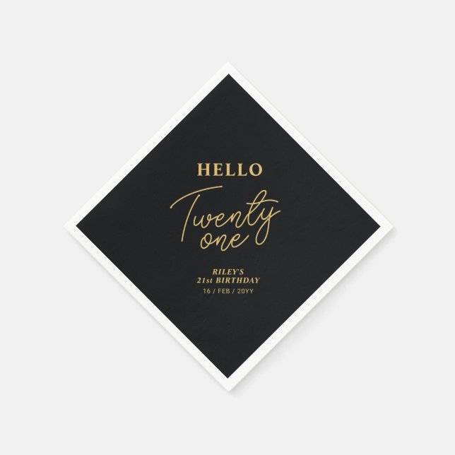 Hello Twenty one Black & Gold 21st Birthday Party Napkin (Corner)