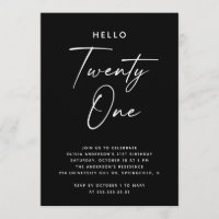 Hello Twenty One | Black Minimalist 21st Birthday