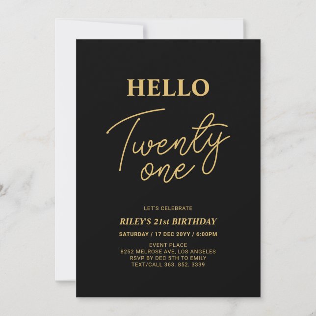 Hello Twenty one Gold & Black 21st Birthday Party Invitation (Front)