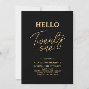 Hello Twenty one Gold & Black 21st Birthday Party Invitation