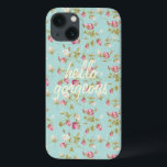 Hello Vintage floral pattern shabby rose chic iPhone 13 Case<br><div class="desc">Hello gorgeous romantic chic vintage 80s floral shabby rose flowers hipster floral pattern on a beautiful aqua baby blue background,  retro yet modern rustic chic print Samsung Galaxy Note 4 case cover.</div>