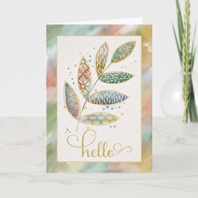 Hello Watercolor Glitter Leaves Card (Front)