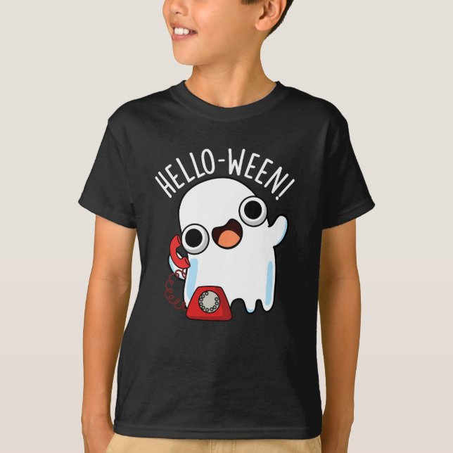 Hello-ween Funny Ghost Pun Dark BG T-Shirt (Front)