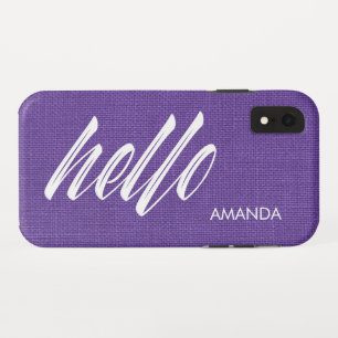 Hello White Script Name Purple Linen Texture Photo Case-Mate iPhone Case