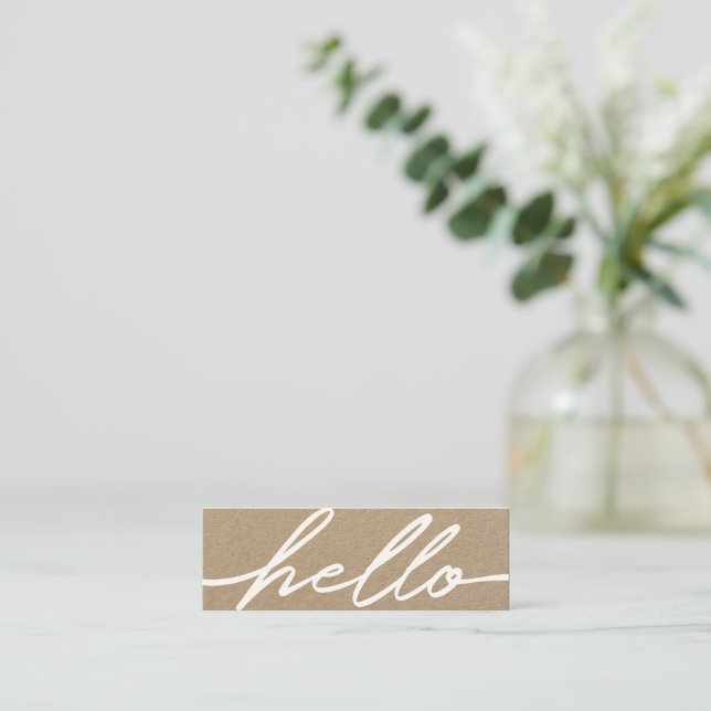 Hello White Script Typography Kraft Business Card (Standing Front)
