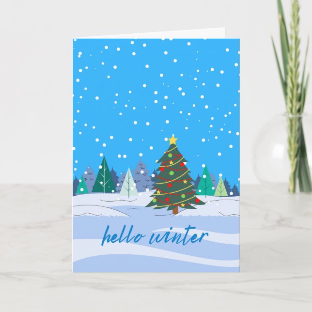 Hello Winter Christmas Tree in Snow  Card (Front)