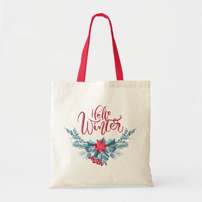 Hello Winter Festive Modern Floral Holiday Tote Bag (Front)