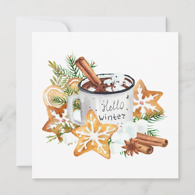 Hello Winter Hot Chocolate Mug with Cookies  Card (Front)