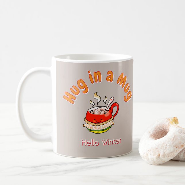 Hello Winter Hug in a Mug Cosy Kawaii Illustration (With Donut)