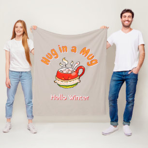 Hello Winter Hug in a Mug Cosy Kawaii Illustration Fleece Blanket