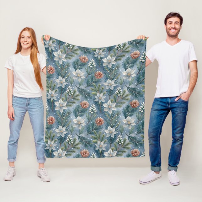 Hello Winter Pines & Flowers  Fleece Blanket (In Situ)
