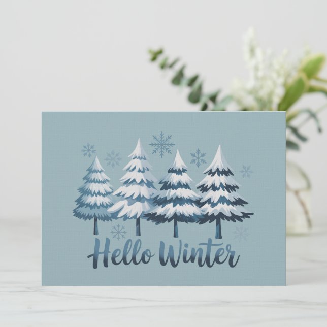 Hello Winter Season Vibes Trees Snowflakes Xmas Invitation (Standing Front)