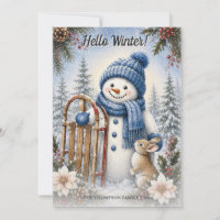 Hello Winter Snowman Bunny Watercolor