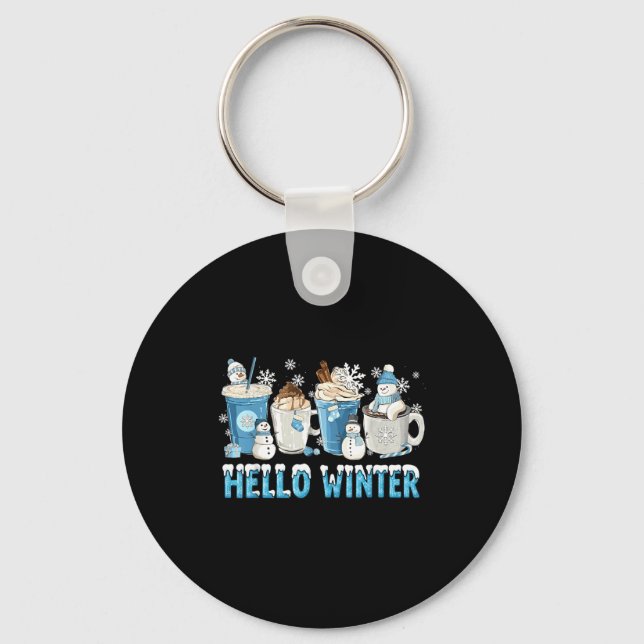 Hello Winter Sweet Cozy Coffee Lovers Snowman Chri Key Ring (Front)