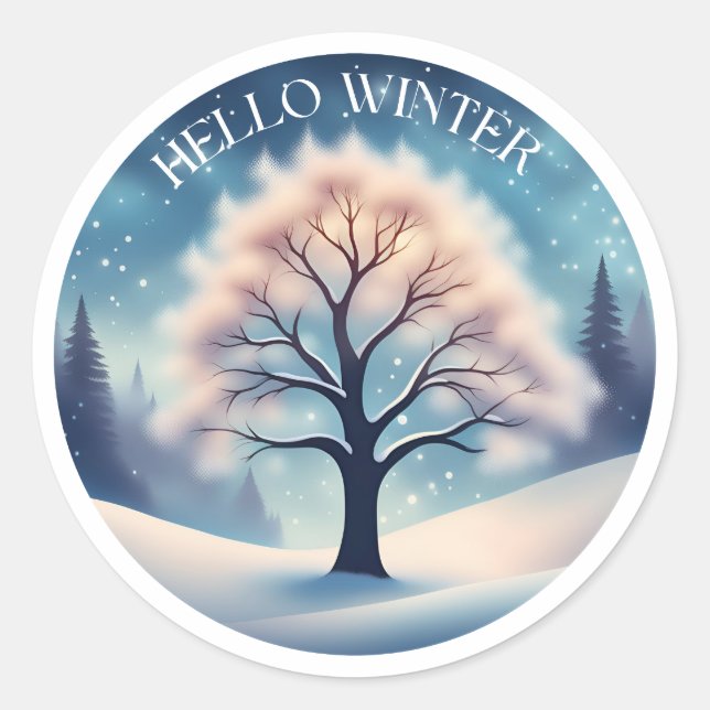 Hello Winter Tree Classic Round Sticker (Front)