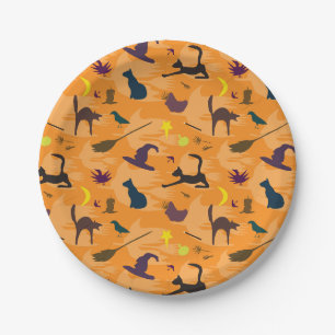 Hello Witch - seamless Halloween pattern. Paper Plate