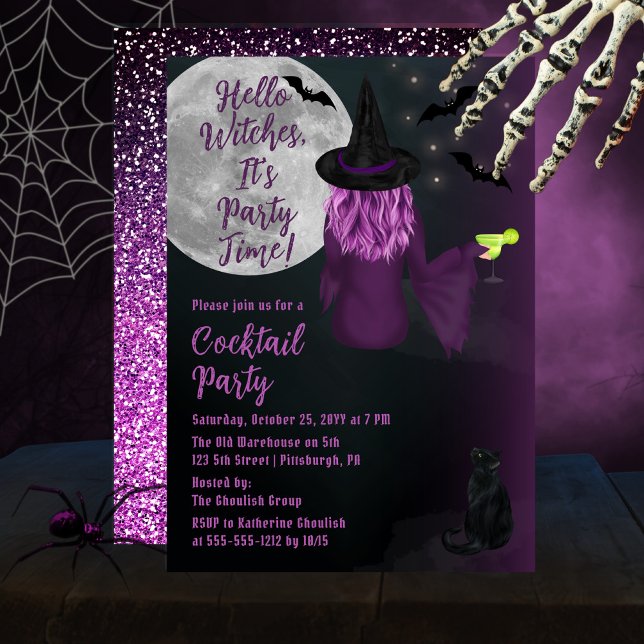 Hello Witches Halloween Cocktail Party Invitation ("Hello Witches, It's Party Time!" Halloween Cocktail Party Invitation - Purple Witch | Faux Glitter)