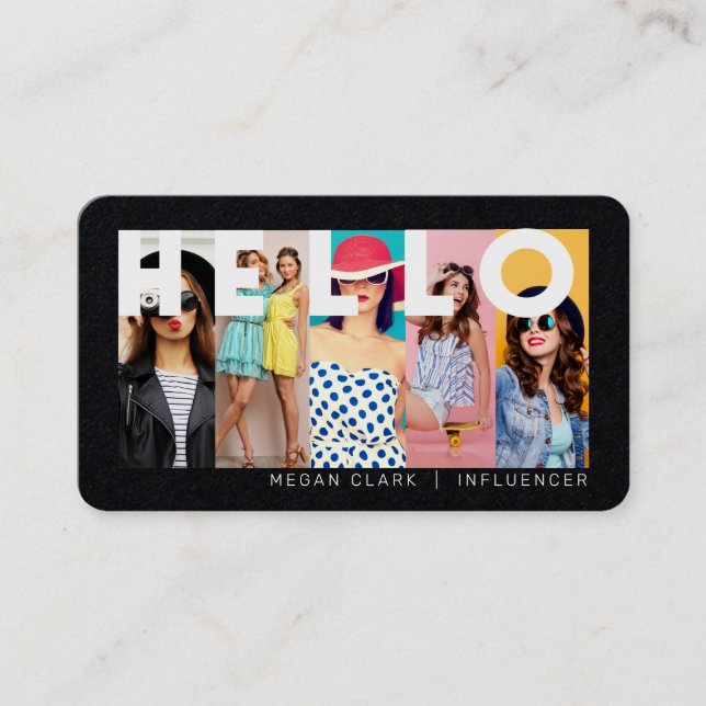 Hello With Modern & Minimal 5 photo Layout Black Business Card (Front)