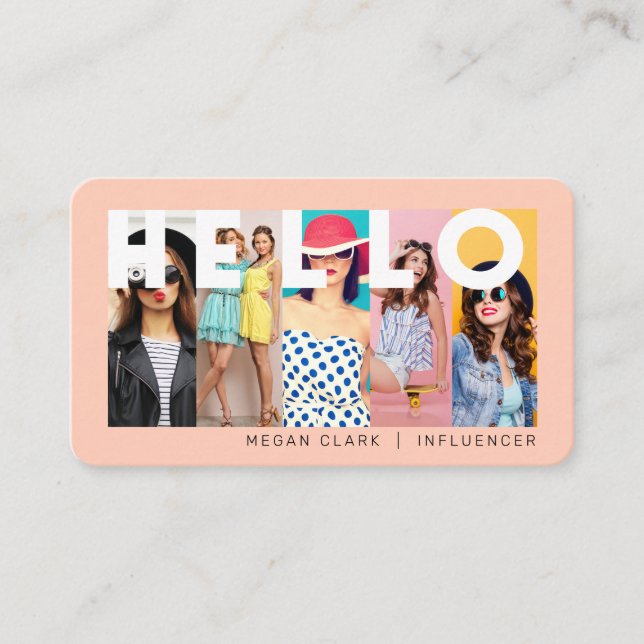 Hello With Modern & Minimal 5 photo Layout Peach Business Card (Front)