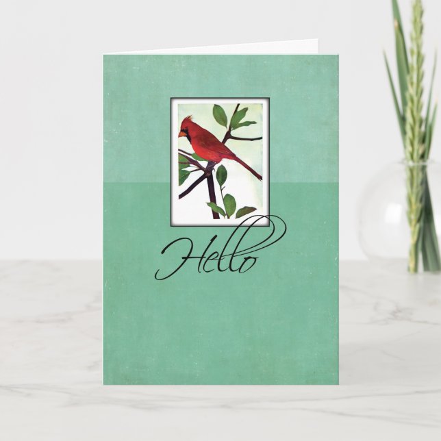 Hello with Red Cardinal Bird on Branch Card (Front)