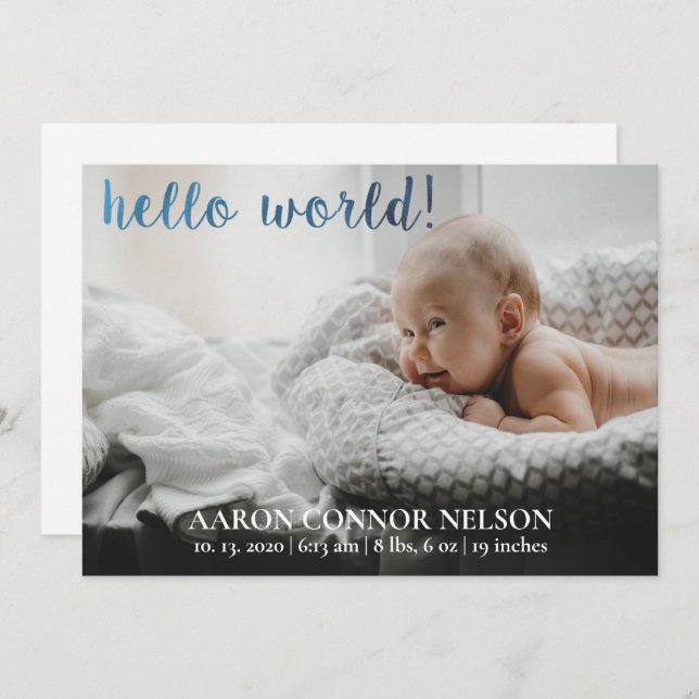 Hello World! Baby Boy Birth Announcement (Front/Back)