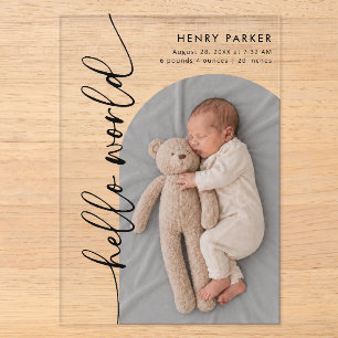 Hello World Baby Photo Acrylic Birth Announcement