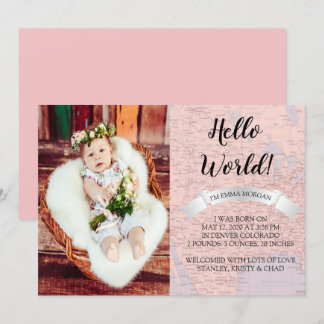 Hello World Baby Pink World Map Birth Announcement