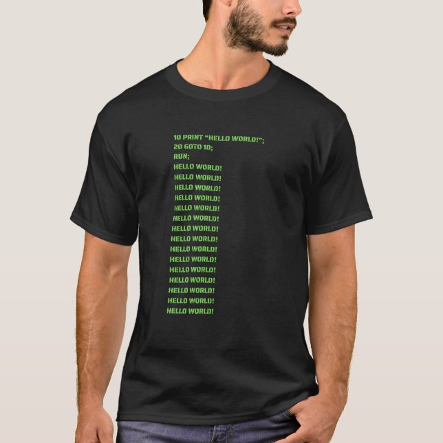 Hello World BASIC Language First Coding Monochrome T-Shirt (Front)