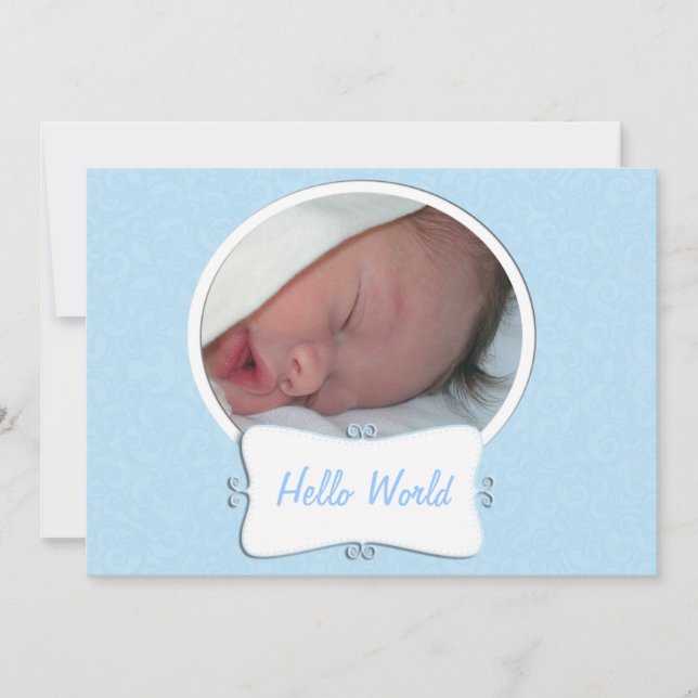 Hello World Blue Photo Birth Announcement (Front)