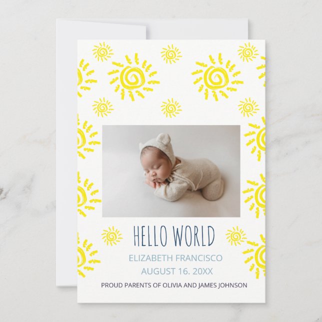 Hello World Boho Sun Birth Baby Announcement (Front)