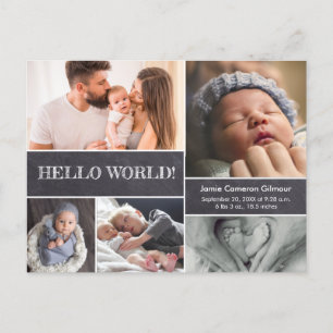 Hello World Custom Baby Photos birth stats chalk Postcard