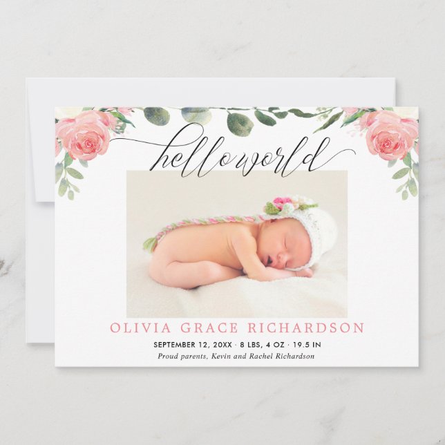 Hello world eucalyptus floral birth announcement (Front)