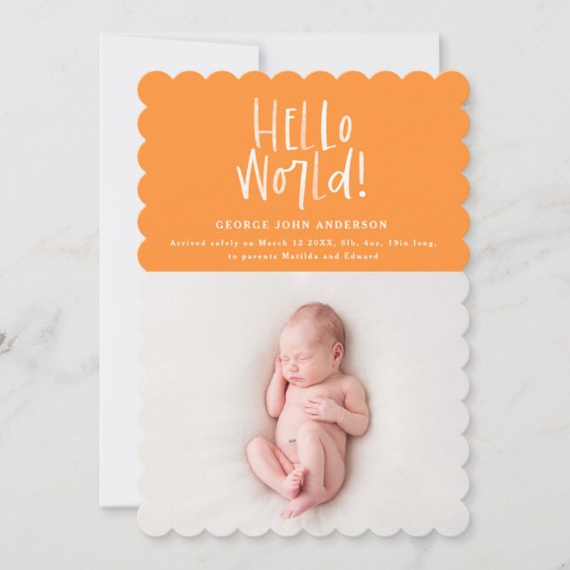 Hello world hand written modern photo birth announcement (Front)