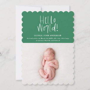 Hello world hand written modern photo birth announcement