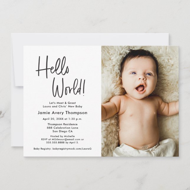 Hello World Modern Photo Meet & greet Baby Shower  Invitation (Front)