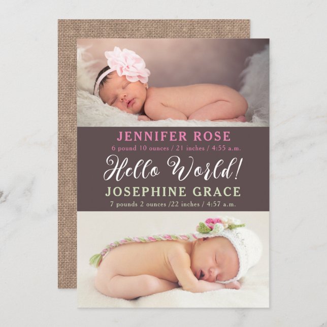 Hello World! Modern Photo Twins Birth Announcement (Front/Back)