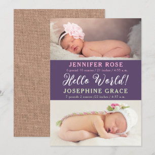 Hello World! Modern Photo Twins Birth Announcement